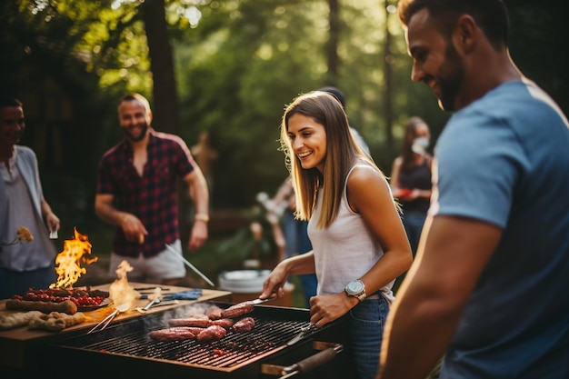 Foto grupo de amigos con barbacoa al aire libre cocinan carne a la parrilla y beben bebidas alcohólicas