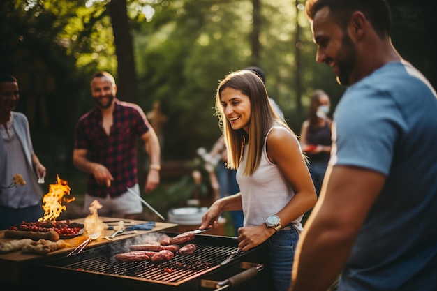 Grupo de amigos con barbacoa al aire libre cocinan carne a la parrilla y beben bebidas alcohólicas