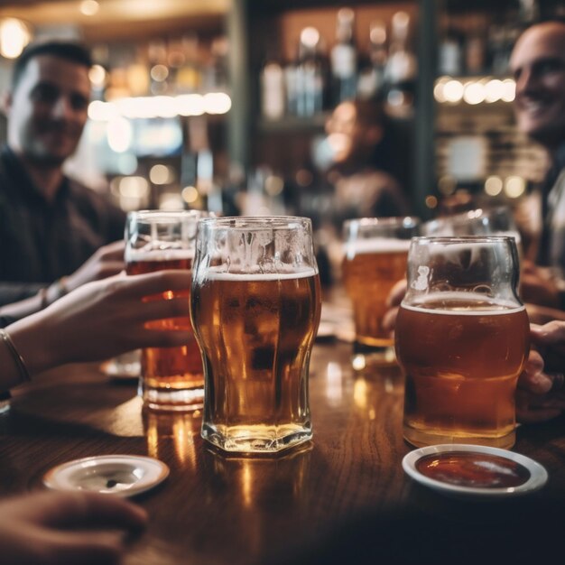 Grupo de amigos bebiendo y brindando un vaso de cerveza en el restaurante de la cervecería