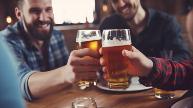 Un grupo de amigos bebiendo cerveza divirtiéndose juntos en un bar