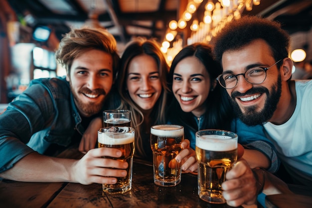 Foto grupo de amigos bebiendo cerveza y divirtiéndose en un pub con ia generada