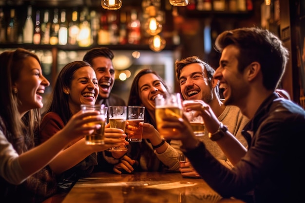 Foto un grupo de amigos brindando y celebrando con sus cervezas en un vibrante bar bien iluminado ia generativa