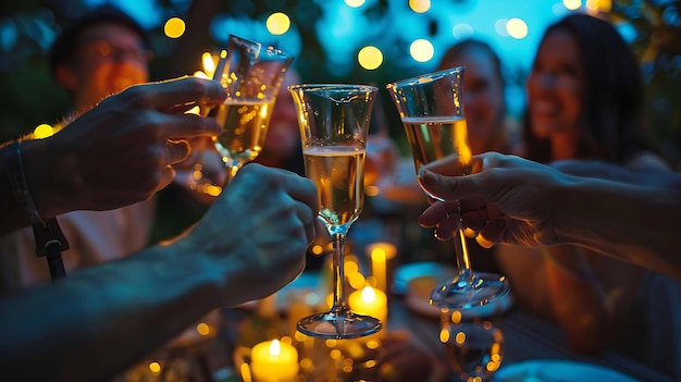 Un grupo de amigos brindando con champán en una fiesta el foco está en las manos y las copas el fondo está borroso con luces bokeh