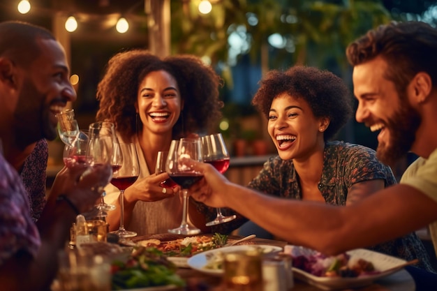 Un grupo de amigos brindando con copas de vino en un restaurante.