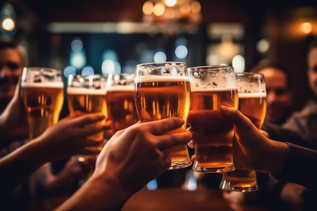 Un grupo de amigos brindando con sus cervezas en un primer plano con las manos sosteniendo los vasos en celebración IA generativa