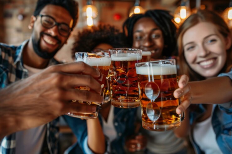 Un grupo de amigos brindando con vasos de cerveza en un acogedor bar compartiendo un momento alegre