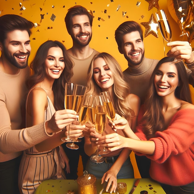 Un grupo de amigos brindando con vasos de champán celebrando el Año Nuevo aislados en una llanura