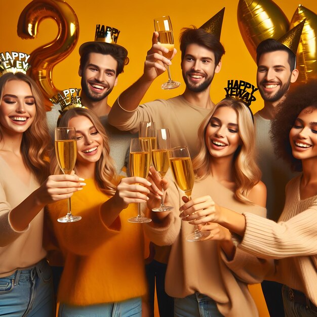 Un grupo de amigos brindando con vasos de champán celebrando el Año Nuevo aislados en una llanura