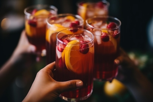 Grupo de amigos brindando los vasos de jugo en la fiesta de cumpleaños