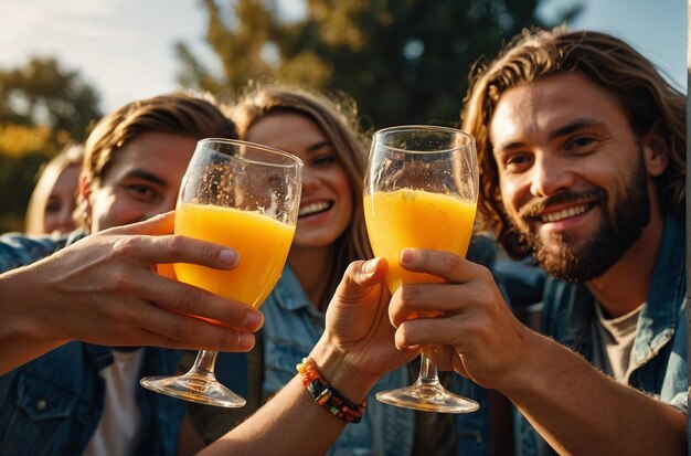 Un grupo de amigos brindando con vasos de naranja