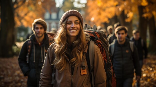 Foto grupo de amigos caminando en los bosques de otoño