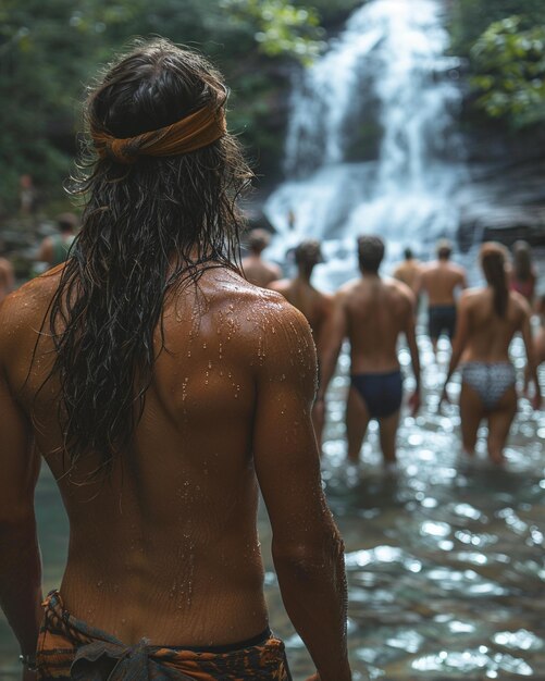 Foto un grupo de amigos caminando hacia la cascada