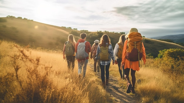 Grupo de amigos caminando juntos al aire libre explorando el desierto y divirtiéndoseGenerative Ai