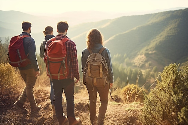 Grupo de amigos caminando juntos con mochilas