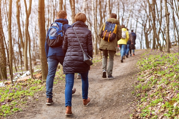 Grupo de amigos caminando con mochilas en el bosque de la primavera desde atrás