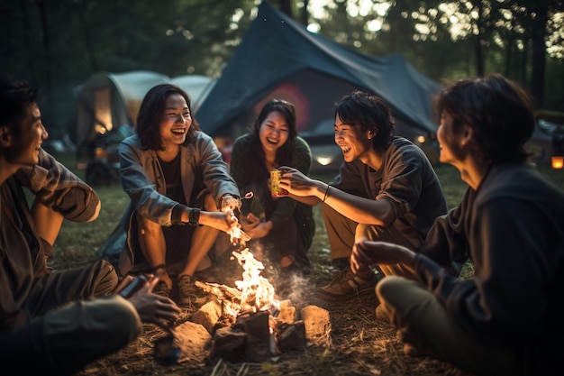 Grupo de amigos del campamento asiático