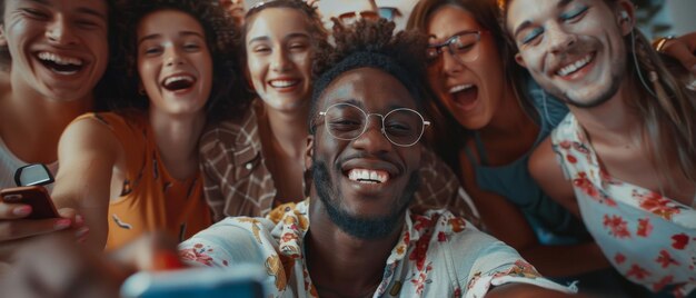 Grupo de amigos en casa haciendo una selfie colectiva Un tipo sostiene un teléfono inteligente La gente sonríe se ríe y hace labios de pato Los jóvenes transmiten la fiesta en vivo en sus teléfonos