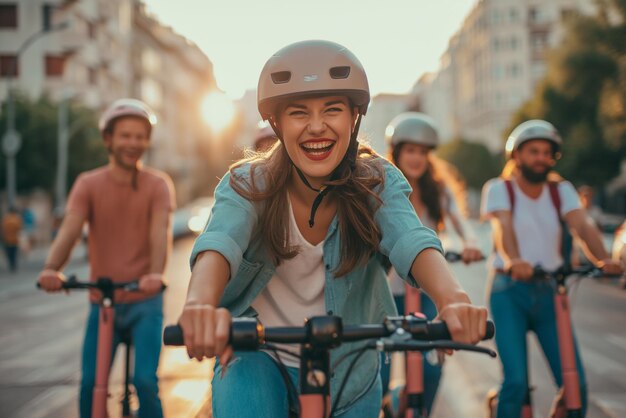 Un grupo de amigos con cascos asegurados viajan en sus scooters eléctricos por un bulevar de la ciudad iluminado por el sol.