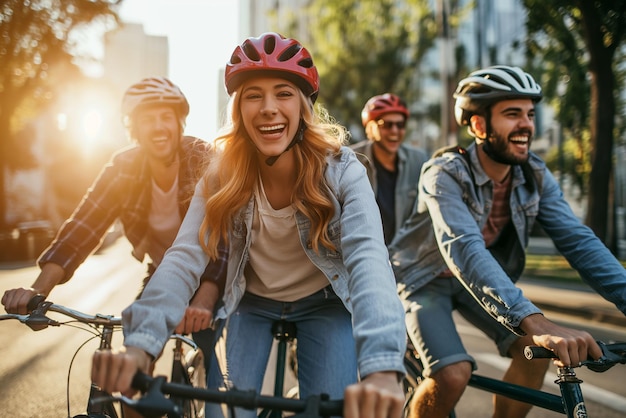Foto un grupo de amigos con cascos asegurados viajan en sus scooters eléctricos por un bulevar de la ciudad iluminado por el sol.