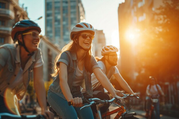 Un grupo de amigos con cascos asegurados viajan en sus scooters eléctricos por un bulevar de la ciudad iluminado por el sol.