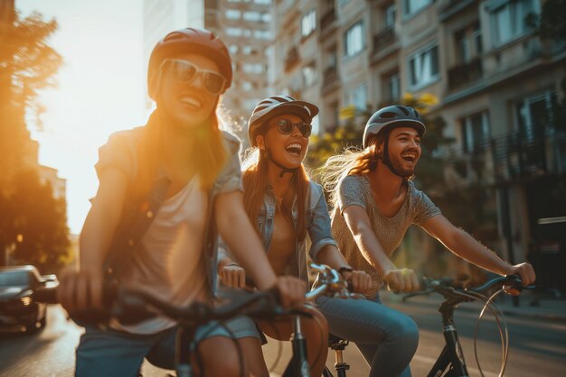 Foto un grupo de amigos con cascos asegurados viajan en sus scooters eléctricos por un bulevar de la ciudad iluminado por el sol.