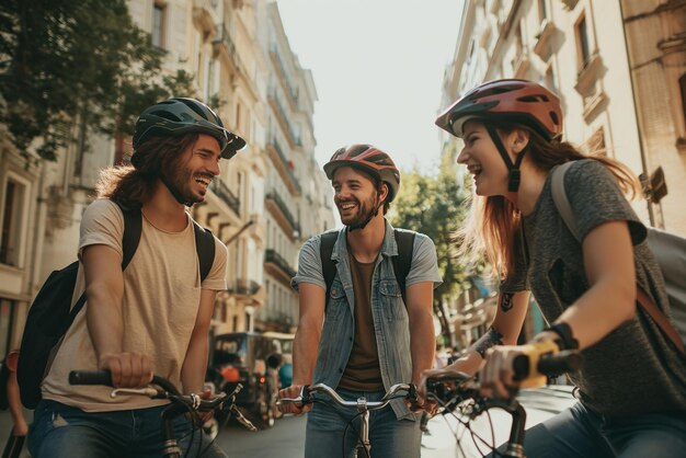 Foto un grupo de amigos con cascos asegurados viajan en sus scooters eléctricos por un bulevar de la ciudad iluminado por el sol.