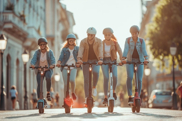 Foto un grupo de amigos con cascos asegurados viajan en sus scooters eléctricos por un bulevar de la ciudad iluminado por el sol