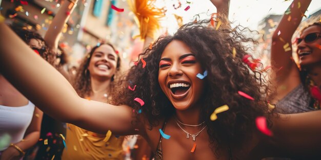 Grupo de amigos celebrando el carnaval mujer soplando confeti