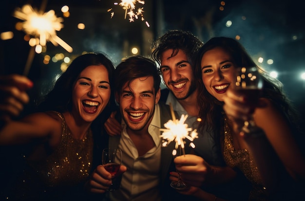 un grupo de amigos celebrando con chispas con champán