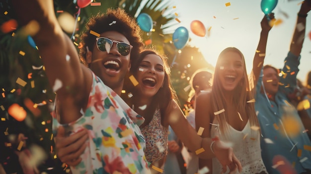 Foto un grupo de amigos celebrando con confeti en el fondo