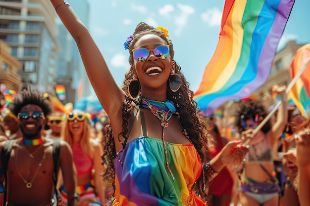 Grupo de amigos celebrando el Desfile del Orgullo LGBTQ juntos IA generativa