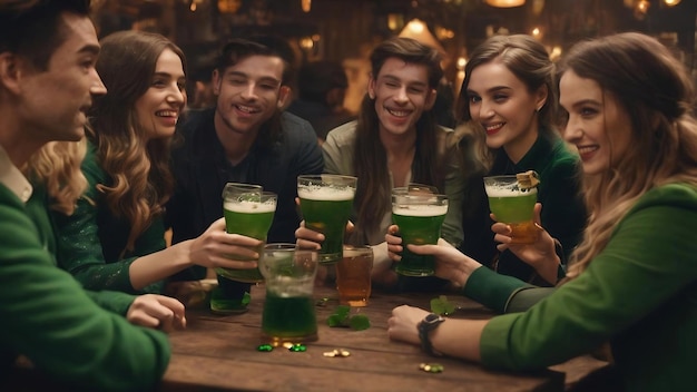 Grupo de amigos celebrando el día de San Patricio juntos con bebidas