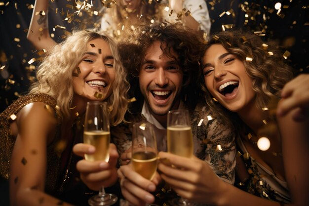 grupo de amigos celebrando disfrutando de la fiesta de año nuevo sosteniendo copas de vino y animando