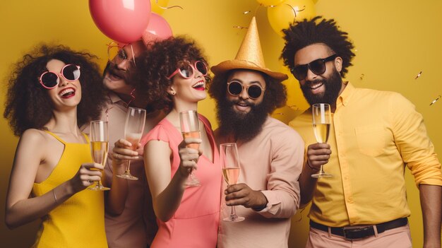 Un grupo de amigos celebrando una fiesta con copas de champán.