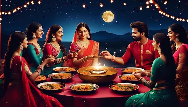 Un grupo de amigos celebrando Karva Chauth con una cena a la luz de la luna.