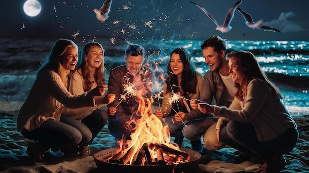 Grupo de amigos con chispas en una playa nocturna