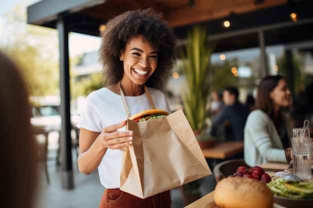 Un grupo de amigos con comida entregada creada con tecnología de IA generativa