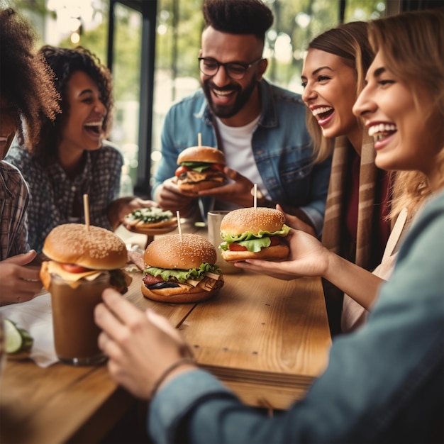 Grupo de amigos comiendo en comida rápida con amigos