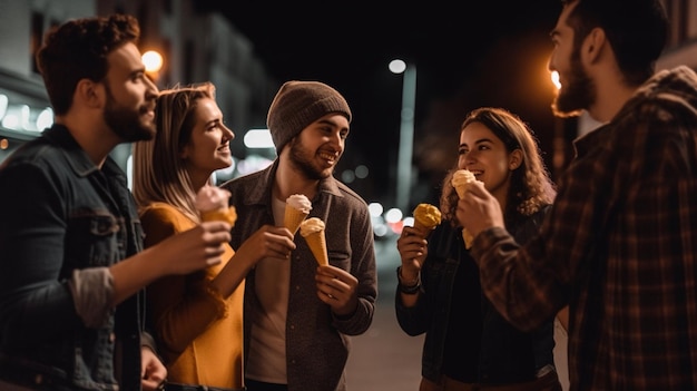 Un grupo de amigos comiendo helado en la calle.