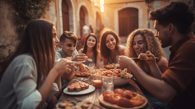 Un grupo de amigos comiendo en un restaurante.