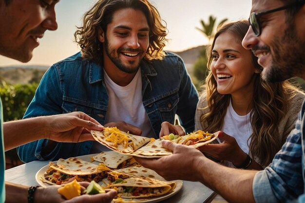 Un grupo de amigos compartiendo un plato