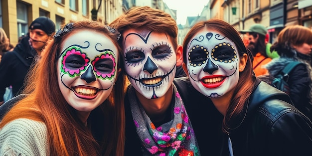 Grupo de amigos con cráneos mexicanos maquillados en sus rostros vestidos para el Día de los Muertos en México