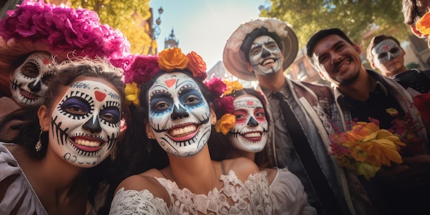 Grupo de amigos con cráneos mexicanos maquillados en sus rostros vestidos para el Día de los Muertos en México