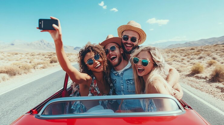 Foto grupo de amigos en un descapotable rojo tomando una selfie en un viaje por carretera