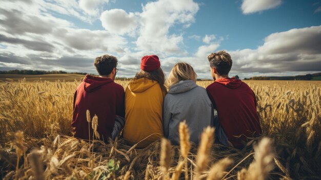 Un grupo de amigos disfruta del paisaje en las tierras de cultivo.