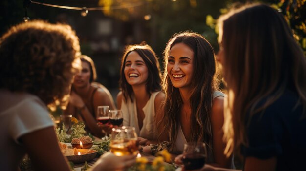 Un grupo de amigos disfrutan juntos de una deliciosa cena en el patio trasero.