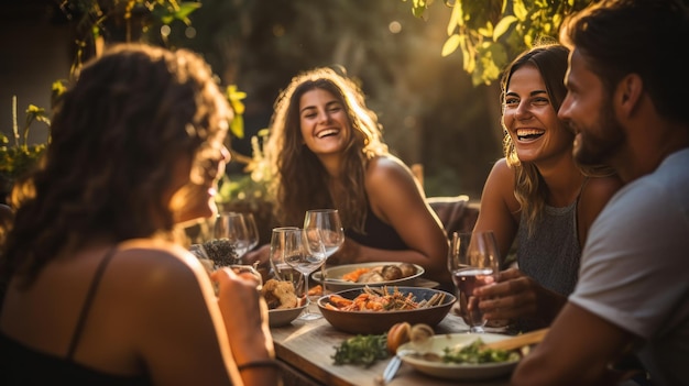 Un grupo de amigos disfrutan juntos de una deliciosa cena en el patio trasero.