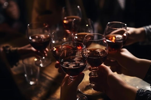 Grupo de amigos disfrutando de bebidas alcohólicas Manos de jóvenes animando en el bar restaurante Red neuronal IA generada