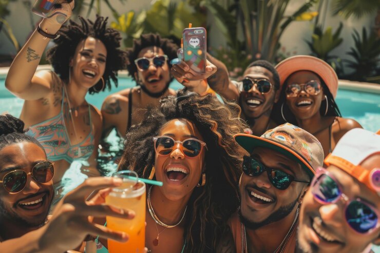 Un grupo de amigos disfrutando de bebidas tropicales y riendo juntos al aire libre en un ambiente festivo soleado