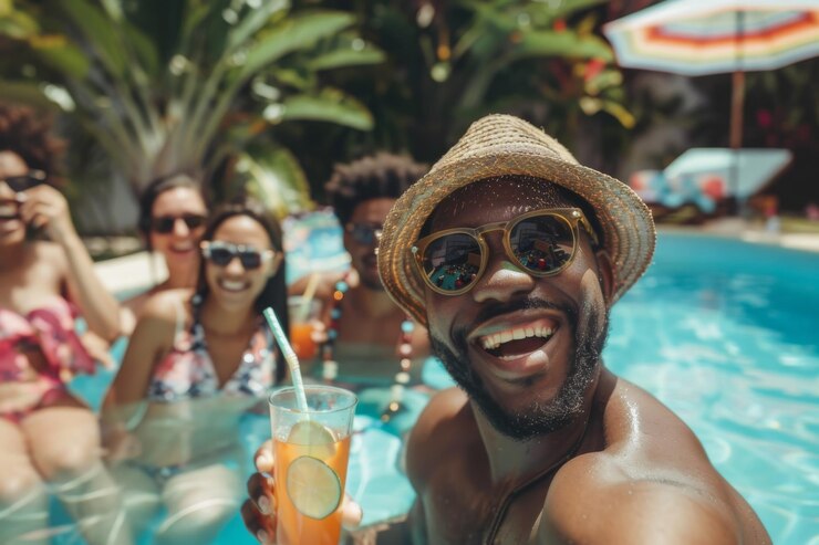 Un grupo de amigos disfrutando de bebidas tropicales y riendo juntos al aire libre en un ambiente festivo soleado